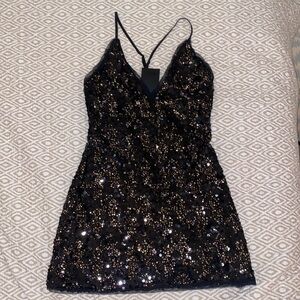 NWT NBD black and gold sequined mini party dress